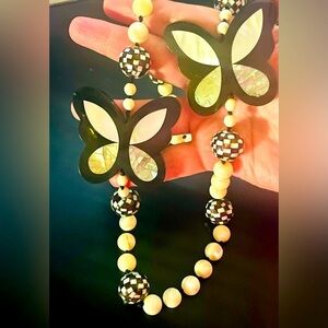Vintage Black and White Butterfly Necklace with Abalone and Mother of Pearl